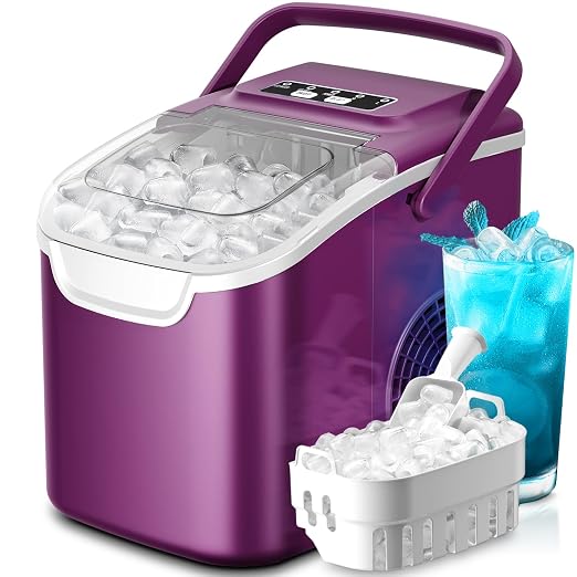 Countertop Portable Ice Maker Machine with Handle, 8 Bullet-Shaped Ice Cubes Ready in 6 Mins, 26Lbs/24H, Self-Cleaning Function with Ice Scoop and Basket for Home/Kitchen/Party (Purple)