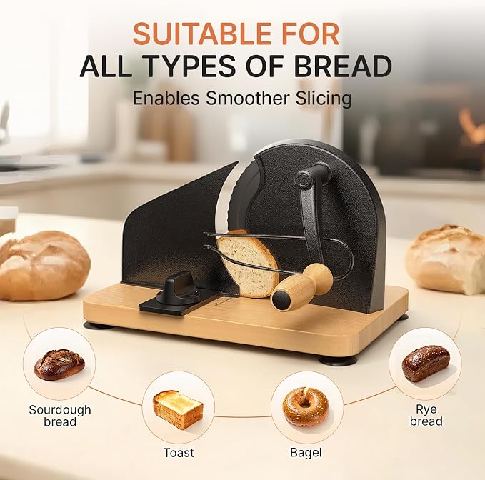 Manual Bread Slicer for Homemade Sourdough, Adjustable Thickness,Hand Crank Bread Cutter with Stainless Steel Blade Slicing Guide, Scale Line Suction Cups & Solid Wood Base