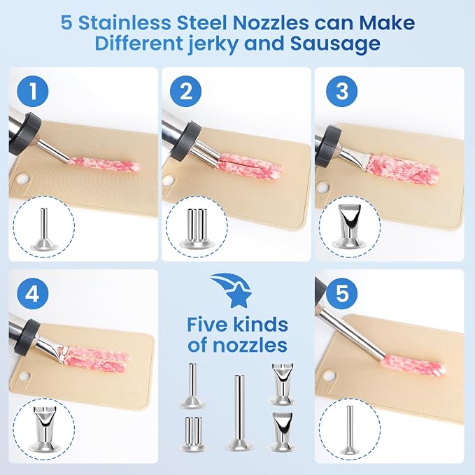 2.1 LB Professional 304 Stainless Steel Jerky Gun Kits, Sausage Stuffer, Jerky Maker, Jerky Shooter, Beef Jerky Making Gun with 5 Nozzles, 1 meat pusher and 5 Cleaning Brushes