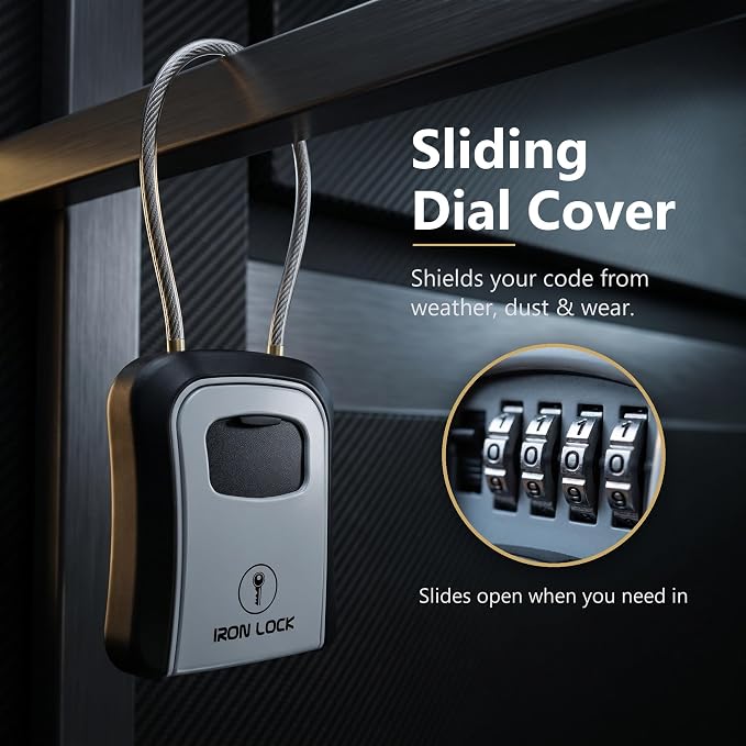 Iron Lock® Medium Key Lock Box with Code, 15-in Steel Cable Shackle (Grey) | Built-in key hooks + catch tray; hangs on handles, gates, fences or a hasp; wall-mountable; dial cover; no batteries