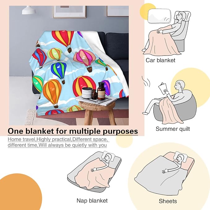 Cartoon Hot Air Balloon Kids Blanket 40x50 Inches - Plush Flannel Throw Blankets for Boys & Girls - Playful Cloud & Balloon Print - Lightweight Travel Blanket for Car Bed & Sofa