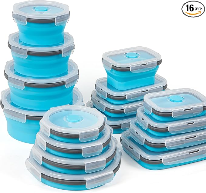 Collapsible Silicone Food Storage Containers Set with Lid & Air Vent, Foldable Lunch Containers, 16 Pack (8 Rectangular + 8 Round Bowls), BPA-Free, Space-Saving