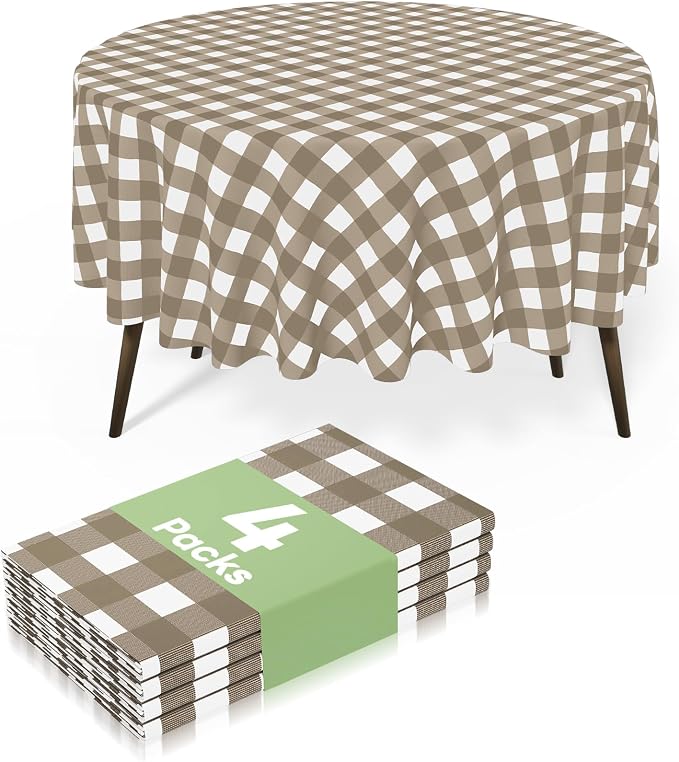 4 Packs Buffalo Disposable Table Cloth, 84" Round Waterproof Plastic Tablecloth, Khaki and White Checkered Table Covers for Picnic, Birthday, Party, Back to School