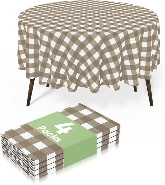 4 Packs Buffalo Disposable Table Cloth, 84" Round Waterproof Plastic Tablecloth, Khaki and White Checkered Table Covers for Picnic, Birthday, Party, Back to School