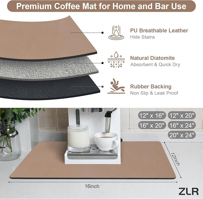ZLR Large Coffee Bar Mat for Coffee Station, 16"x24" XL, Brown | Oversized Counter Protector, Absorbent Dish Drying Mat, Fits Espresso, Grinder, Frother & Cup Display, Hides Stains