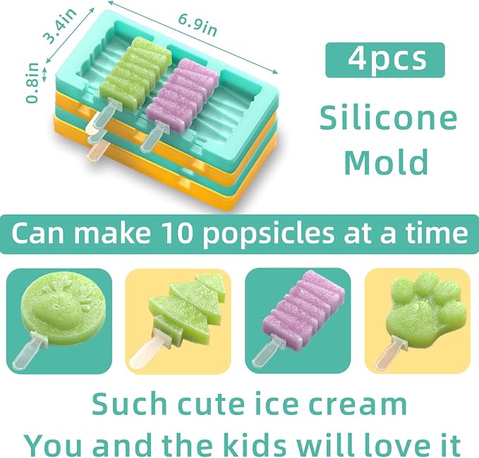 Kids Cartoon Popsicle Molds - 4 Pack, 10-Cavity Food-Grade Silicone Ice Pop Cream Molds, with Reusable Sticks, Non-Stick Flat Design, Easy Release, Stackable for Space Saving