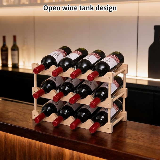 Wooden Wine Rack, countertop Wine Rack, 8-Bottle Stackable Wine Storage Rack, DIY Assembled Wine Holder, Used in Kitchens, countertops, etc (3 Layers of 12 Bottles)