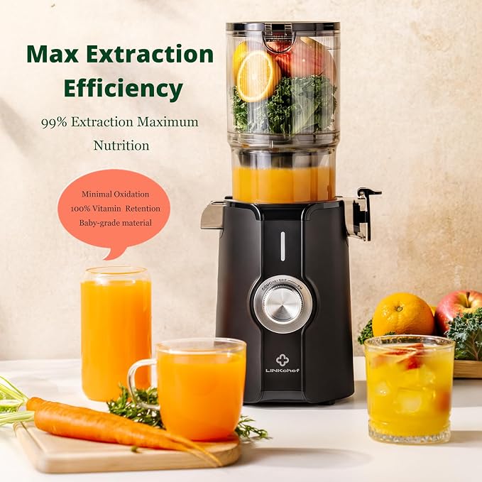 LINKChef Cold Press Juicer Machine, 4.53" Whole Fruit Slow Masticating Juicer with Auto Cutting, 200W Quiet Motor & High Juice Yield, Easy Clean Compact Juicer Extractor with Recipe Guide