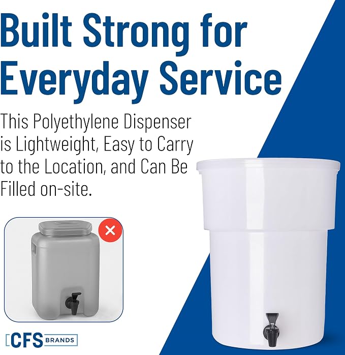 Carlisle FoodService Products Round Beverage Dispenser Drink Dispenser with Spigot for Catering, Plastic, 5 Gallons, White