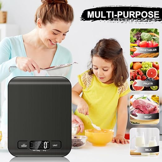 Food Scale, 11lb Kitchen Scale with 6 Units Tare Function & LCD Display, 0.05oz/1g Stainless Steel Digital Food Scale Grams and Ounces for Baking, Cooking, Dieting and Meal Prep (Black)