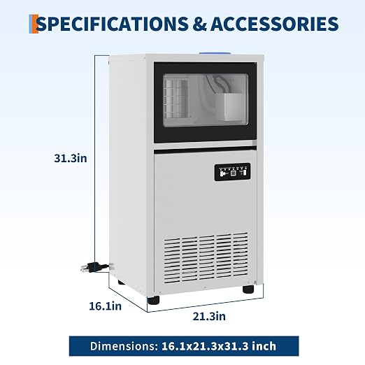 Commercial Ice Maker Machine 130lbs/24h, 36lbs Storage, Dual Water Inlet Mode,Built-in/Freestanding/Under Counter Ice Maker with LED Display & Self-Cleaning ETL Certified for Home Bar Restaurant