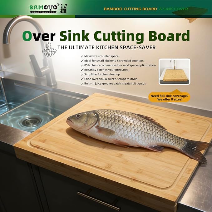 BAMOTTO CRAFTBAMBOO 21.7x18.9 in Oversized Bamboo Cutting Board Sink Cover | Non-Slip Detachable Lip | Reversible Juice Groove & Flat Side | Kitchen Noodle Board Stovetop Cover