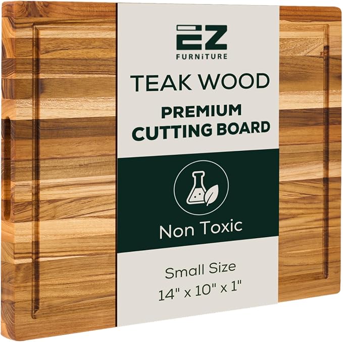 EZ FURNITURE Small (S) Teak Edge Grain Cutting Board, Reversible, Knife-Friendly Charcuterie Wood Cutting Board with Juice Groove & Handles, Non-Toxic, Gift Box Included (14" x 10" x 1")
