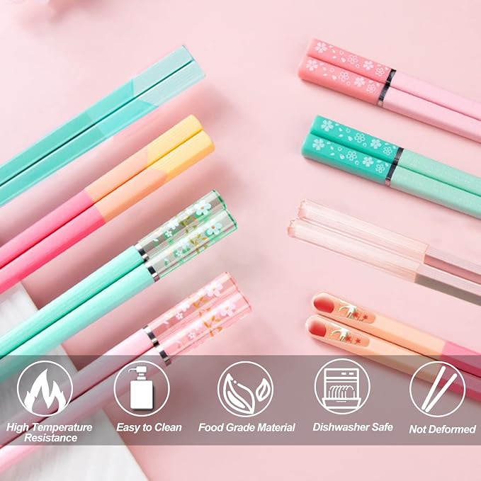 5 Pairs Reusable Chopsticks Dishwasher Safe, Fiberglass Premium Japanese Chines Korean Chopsticks for Sushi Noodles Ramen, Non-slip Chop Sticks, Lightweight, 9.6 inches- Green&Pink-D