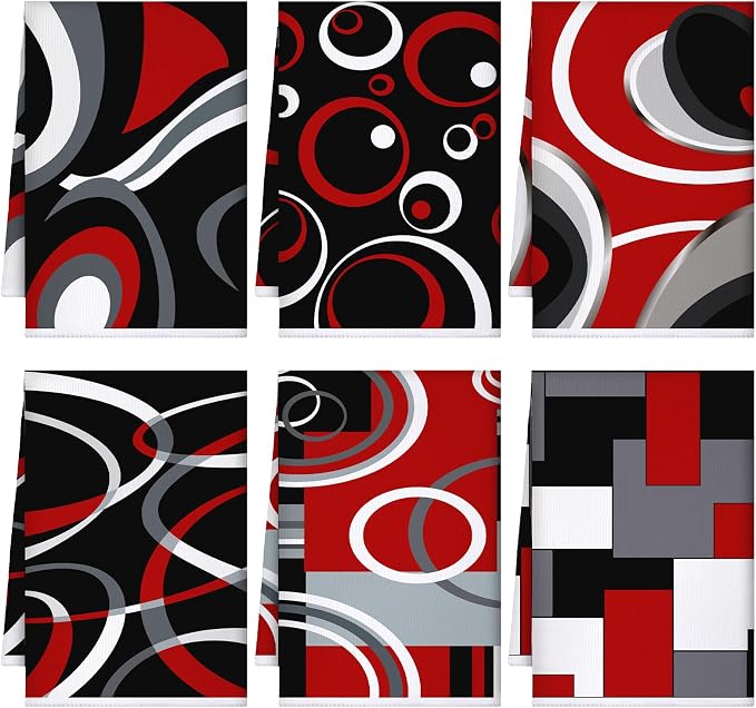 Boyiee 6 Pcs Modern Geometric Kitchen Towels | Red Black Grey White Dish Hand Towels 24 x 16 Inches Gifts Decorative Tea Cloth Gifts for Farmhouse Kitchen Bathroom Decor