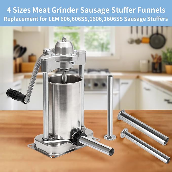 Sausage Stuffing Tubes Replacement for LEM Sausage Stuffers | 4 Sizes, Stainless Steel, Replacement for LEM 606,606SS,1606,1606SS Sausage Stuffers, Sausage Stuffer Funnels