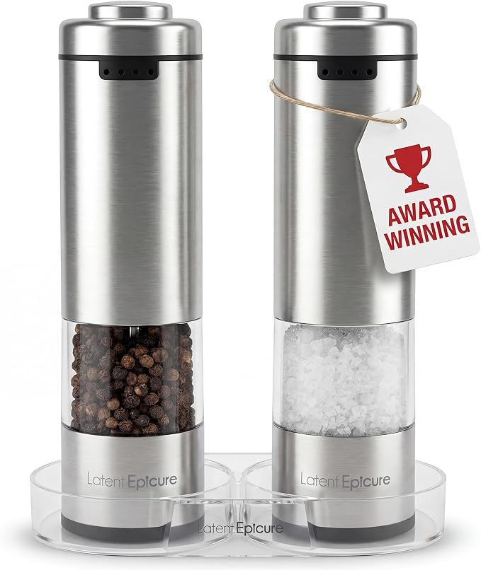 Latent Epicure Electric Salt and Pepper Grinder Set, USB-C Rechargeable | Stainless steel mills with LED light, Adjustable ceramic grinders, One-handed use, Rest tray & gift box included