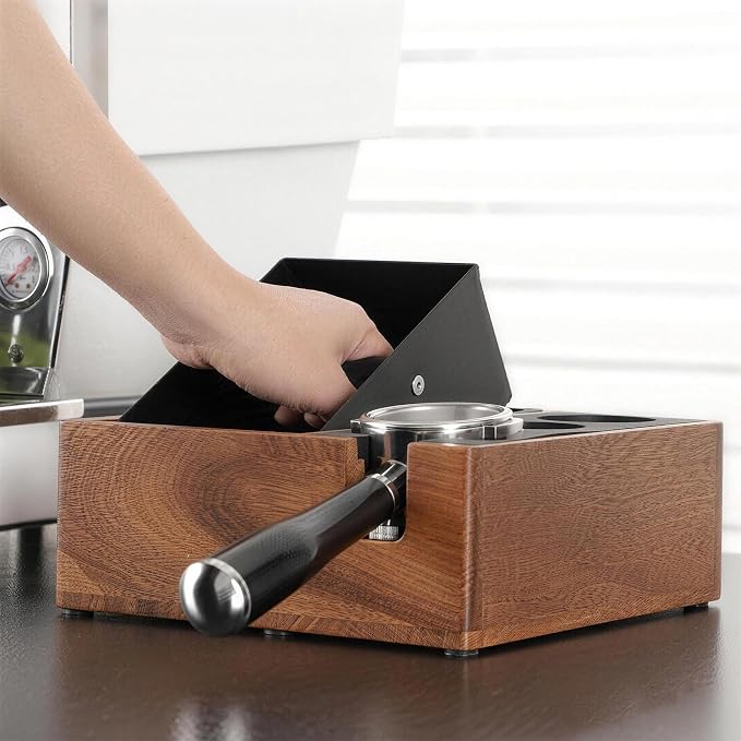 Walnut Espresso Knock Box and Tamping Station, Coffee Organizer Box Fit for 58mm Espresso Tamper Distributor Portafilter Holder & Puck Screen Multi Accessory Storage