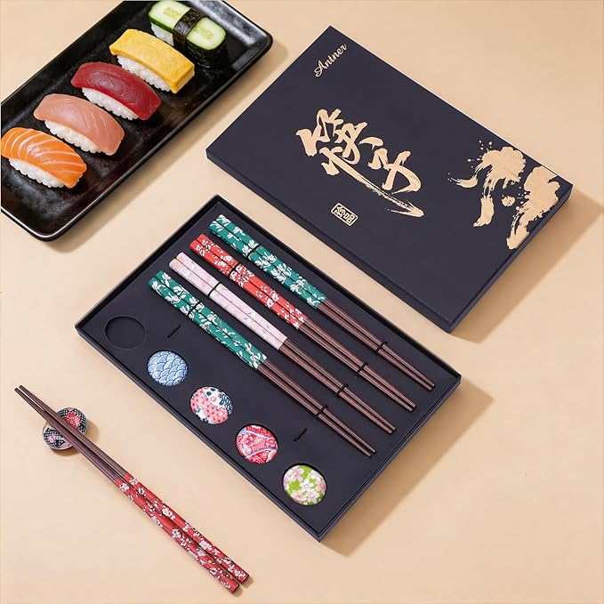 Antner 5 Pairs Reusable Wooden Chopsticks and Ceramic Rests Set, 8.8 Inch/22.5cm Classic Japanese Style Chopsticks with Holders for Ramen Sushi Asian Cuisine Lovers, Black Elegant Gift Box