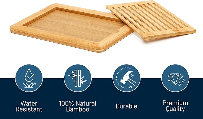 RoyalHouse Large Premium Natural Bamboo Bread Cutting Board with Crumb Tray, Bread Serving Tray for Kitchen | Bread Serving Tray for Kitchen, Ideal for Slicing Loaves, Catching Crumbs, and Elegant Countertop Presentation