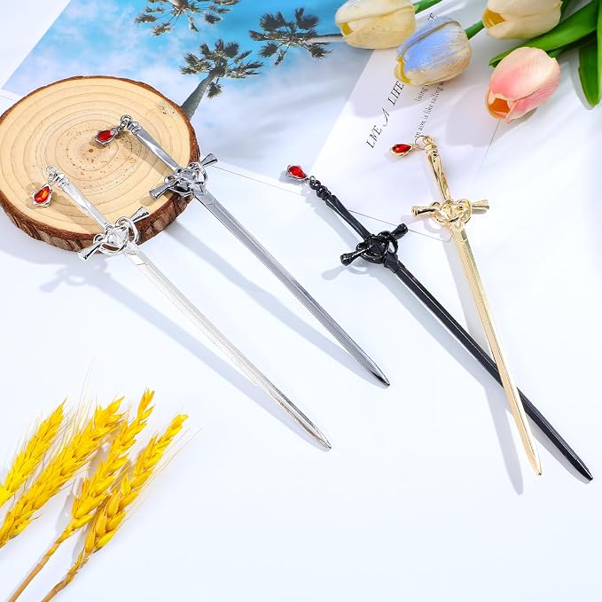 4 PCS Sword Hair Chopsticks for Women, Ancient Style Sword Hair Pin Chinese Hair Accessories Classic Vintage Flower Hair Pin Sticks for Buns Long Straight Hair Fork Pins for Women Girls Gift (4 Color)