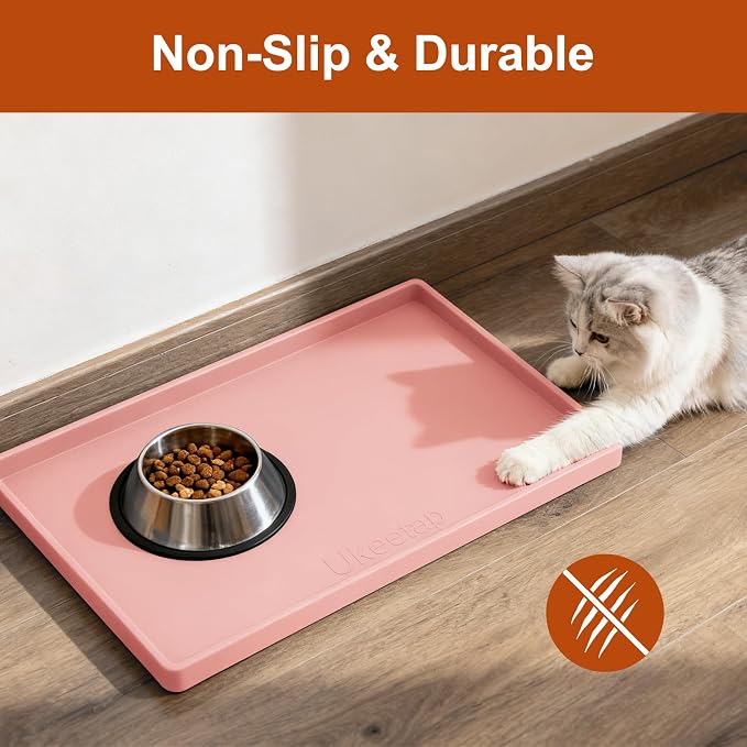 ukeetap 19" x 12" Extra Thick Silicone Mat Waterproof with Raised Edge, BPA Free Non-Slip Dog & Cat Food Mat, Feeding Mat for Food and Water Bowls, Spill Proof Mat to Protect Floors, Pink