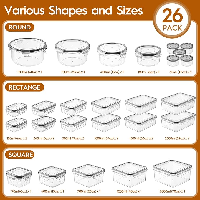 KEMETHY Large 52 Piece Food Storage Containers with Airtight Lids, BPA-free | 26 Containers & 26 Lids, Leak Proof, Meal Prep, Kitchen Storage, PVC-free Plastic, Microwave/Dishwasher Safe, Labels & Pen