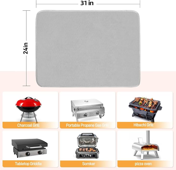 Heat Resistant Mats for Countertop fits Tabletop Grill, 31x24x0.02in, Grey | 1022℉ Fireproof grill mat for countertop/table protection, fits gas/charcoal grills, pizza ovens, fits Blackstone & Ninja