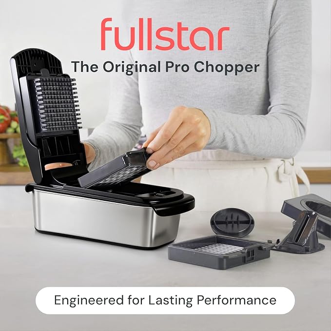 Fullstar Pro Original Vegetable Chopper & Spiralizer, Kitchen Prep Tool | 4 in 1 Veggie Slicer, Onion & Fruit Cutter with Sharp Stainless Steel Blades & Container (Stainless Steel)