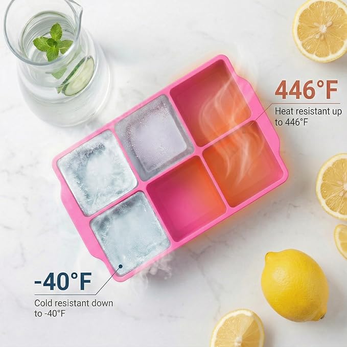 KitchFort® Large Silicone Ice Cube Tray (3-Pack), Easy Release 2" Big Ice Cubes - Cocktail, Whiskey Ice Cubes Mold - Ice Trays for Freezer with Lid - Stackable Silicone Ice Tray - Pink