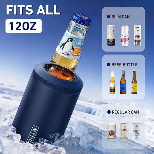 3 in 1 Slim Can Cooler for 12 OZ Skinny Can, Regular Can & Beer Bottle - Keep Cold for 6 Hours - Double Walled Insulated Stainless Steel Vacuum Beverage Can Insulator (Navy Blue)