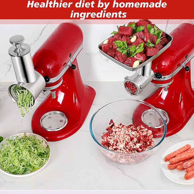 Durable Meat Grinder & Slicer Shredder Attachments Set for Kitchenaid Mixers,Dishwasher Safe Stainless Steel Packs with Cheese Grater & Sausage Stuffer Accessories