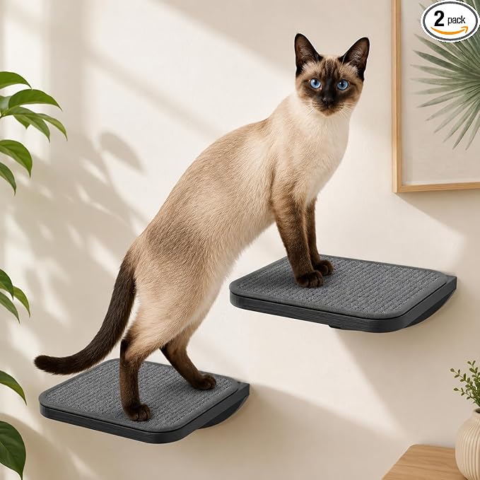 Grey Sisal-Padded Cat Wall Steps (2-Pack), Floating Wooden Cat Perch and Climbing Step Set, Wall Mounted Furniture for Jumping & Play