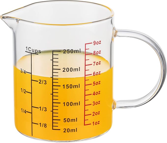 Ackers BORO3.3 Glass Measuring Cup-[Insulated handle | V-Shaped Spout]-Made of High Borosilicate Glass Measuring Cup for Kitchen or Restaurant, Easy to Read, 250 ML (8 Oz, 1 Cup)