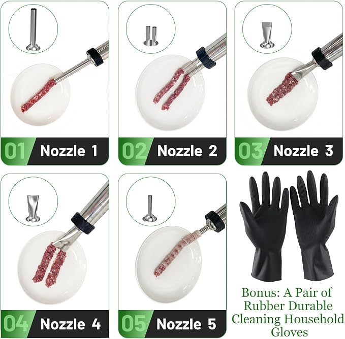 Professional Jerky Gun Kits, Sausage Maker, Stainless Steel Beef jerky gun for Ground Meat, Sausage Stuffer, Meat Gun with 5 Nozzles 5 Brushes 1 Meat Pusher & A Pair of Gloves, Kitchen Utensils Set
