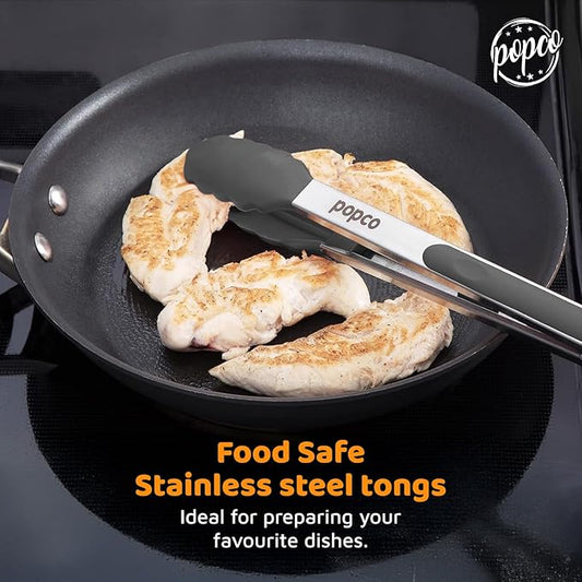 Popco 3-Piece Kitchen Tongs Set – Stainless Steel Heat Resistant Silicone Tips, Strong Comfort Grip, 3 Sizes (7, 9, 12 Inch), Non-Scratch, Dishwasher Safe, for Cooking, BBQ, Salad