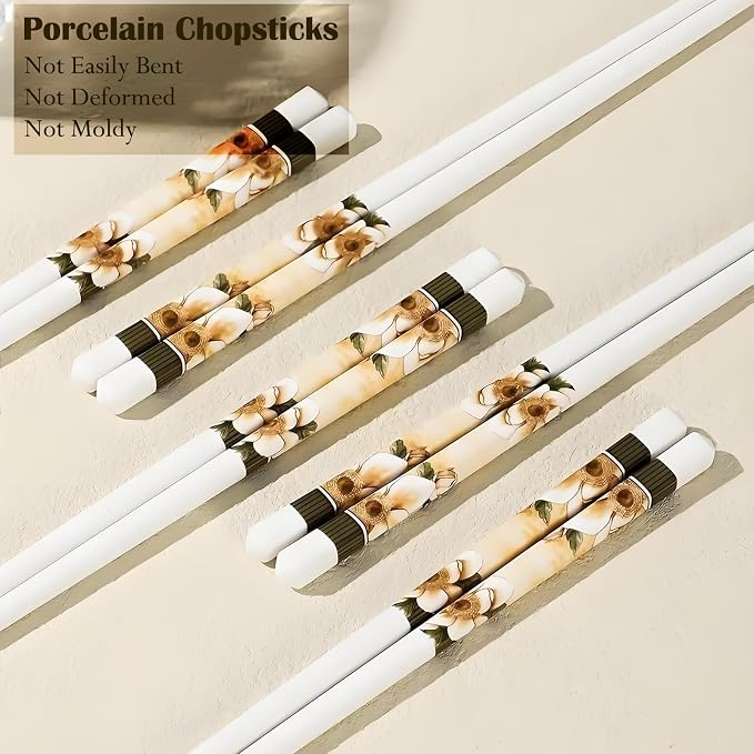 Ceramic Chopsticks Reusable,5 Pairs Porcelain Chop sticks,Camellia,9.7'' | Easy to Clean,Dishwasher Safe,Heat Resistant,with a Gift case,Cooking Chopsticks,High-grade Bone China Porcelain