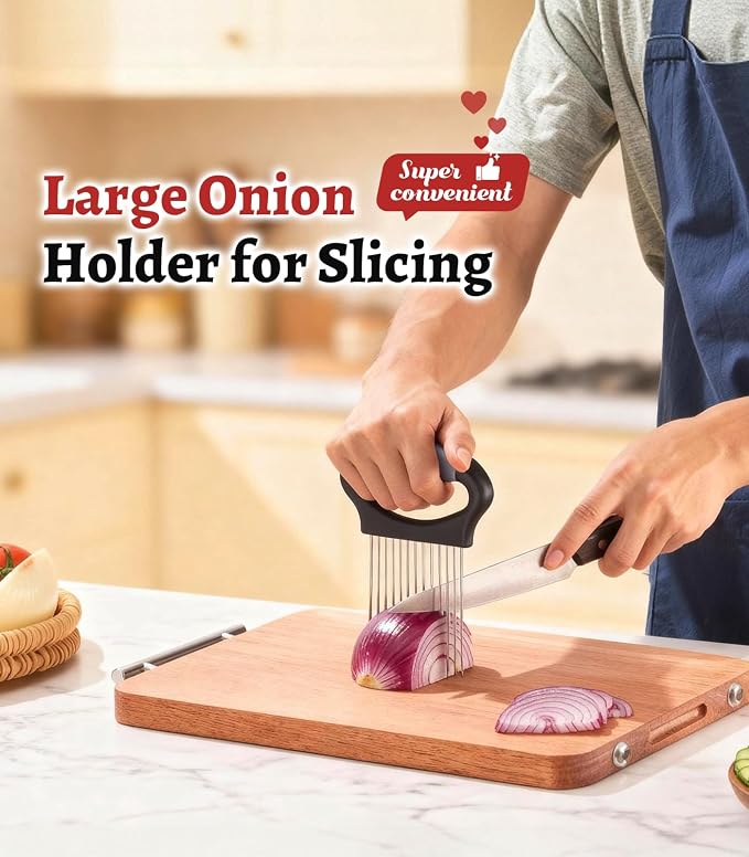 Large Onion Slicer Holder, Stainless Steel Onion Holder for Slicing with 14 Sharp Prongs for Slicing of Tomato, Avocado, Vegetable Chopper Meat Tenderizer for Fruit Prep (CarbonBlack)