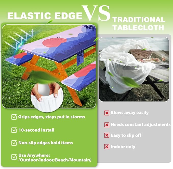 Fitted Picnic Table Cover with Bench Covers, Windproof Vinyl Table Cloths Outside Camping Cooking Backyard Furniture Seat Cushion Tablecloth Activities Party Decor Decorations Para Acampar Equipment