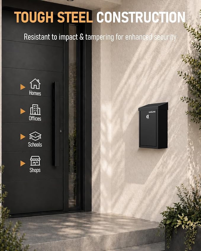 Uniclife Black Metal Donation Box, Wall Mounted Mailbox for Outside | Safe Suggestion Box with Key Lock, Steel Key Drop Box with Top Slot, Cash Box for Home Office and Business