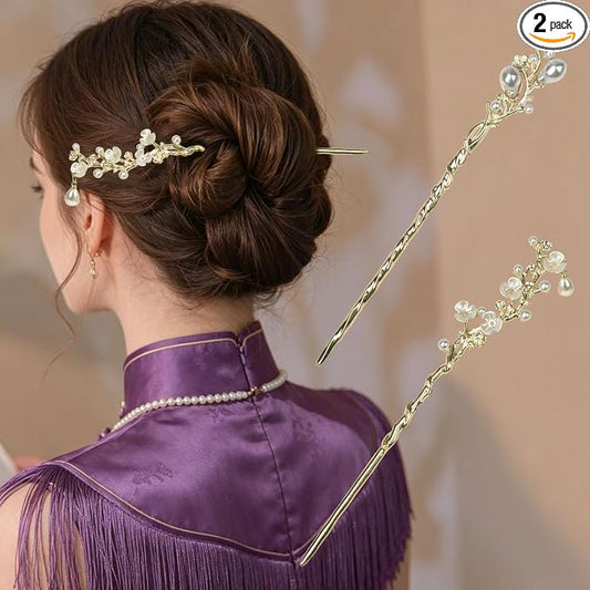 2Packs Lily of the Valley Chinese Hair Sticks for Buns, Pearl Flower Vintage Metal Hair Chopsticks for Women and Girls Dangle Tassel Pendant Accessories Hanfu Handmade Decor Hairpin (gold white)