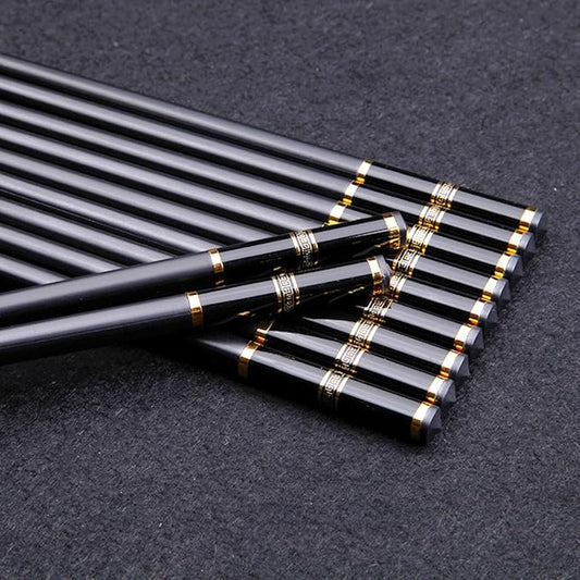 VIWIK 5 Pairs Premium Reusable Chopsticks Gift Set, BPA-Free Anti-Slip Fiberglass Gold Edged Stainless Steel Pipe Fittings Chop Sticks, Japanese Korean Chopstick Food-Grade Dishwasher Safe 9.6 Inch
