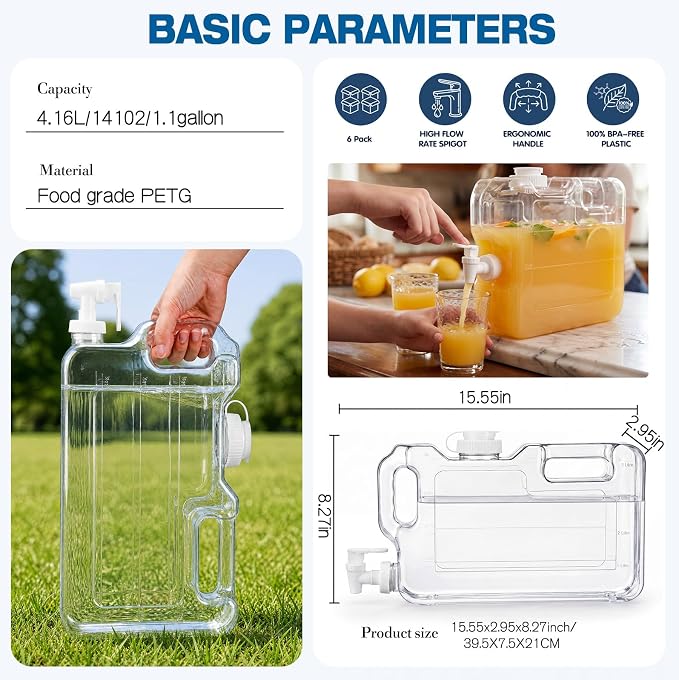 Funnymoom 6 Pcs Drink Water Dispenser for Fridge 1.1 Gallon Beverage Dispenser with Spigot Plastic Reusable Refrigerator Water Dispensers Waters Jug Container for Party Outdoors Camping Hiking Home