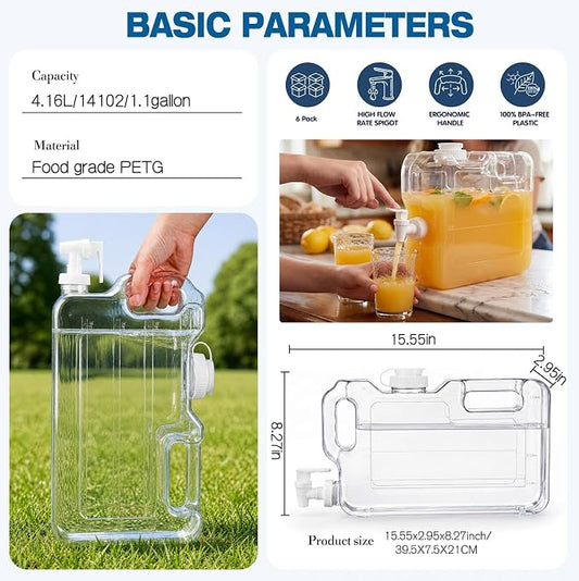 Funnymoom 6 Pcs Drink Water Dispenser for Fridge 1.1 Gallon Beverage Dispenser with Spigot Plastic Reusable Refrigerator Water Dispensers Waters Jug Container for Party Outdoors Camping Hiking Home