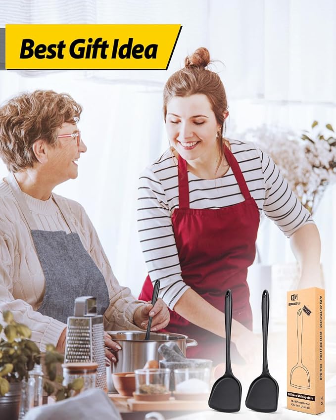 BUNDLEPRO Silicone Seamless Wok Spatula, 2 Pack, Black | Non-Stick, Heat Resistant, Easy to Clean, Dishwasher Safe, Kitchen Utensils for Cooking, Baking, Stir-Fry