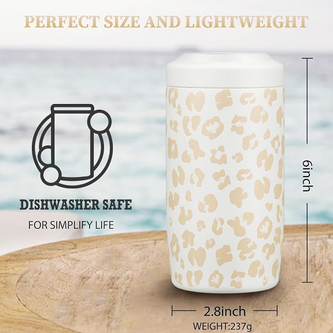 MAXSO Slim Can Cooler, 4-in-1 Double Walled Stainless Steel Insulated Beer Can Holder, Works With All 12 Oz Cans,Bottles & As A Pint Cups - Leopard
