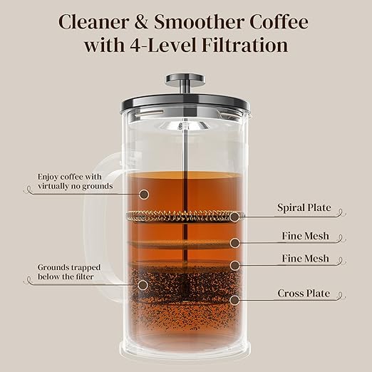 Veken French Press Coffee Maker 34oz 1 L, No Plastic Touching Cafe, Heat Resistant Thickened Borosilicate Glass, Stainless Steel Brewer,Cold Brew Cafetera Teapot for Kitchen Travel Camping,Dark Pewter