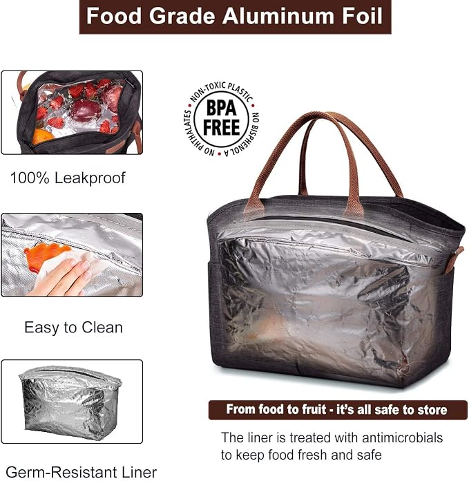 Lunch Bags for Women Insulated Thermal Lunch Tote Bag with Shoulder Strap Upgrade Large Lunch Box Container Drinks Holder for Adults Men Work Picnic Beach Park, Dark Black