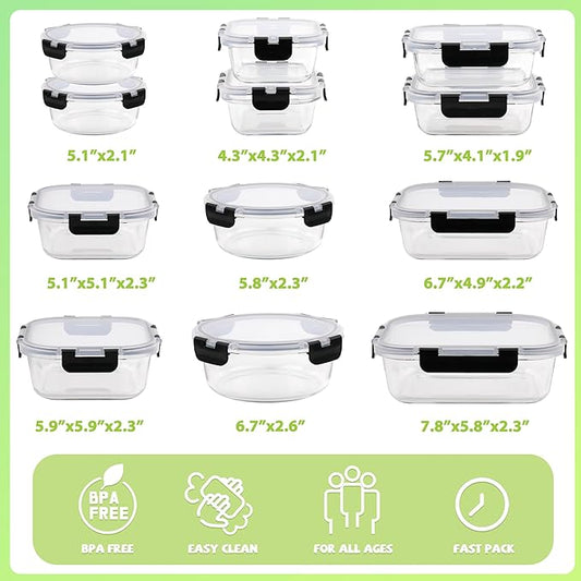 kakw12 Packs Glass Food Storage Containers,Glass Meal Prep Container for Lunch,can be used in the Microwave, Oven, Freezer and Dishwasher,with Upgraded Snap Locking Lids. (12 Packs)