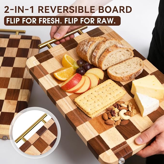 Checkered Cutting Board for Kitchen – 14.9"x 11"x 1.18" Rubber Wood Butcher Block with Juice Groove & Steel Handle, Heavy Duty Non-Slip Chopping Board for Charcuterie, Housewarming Gift